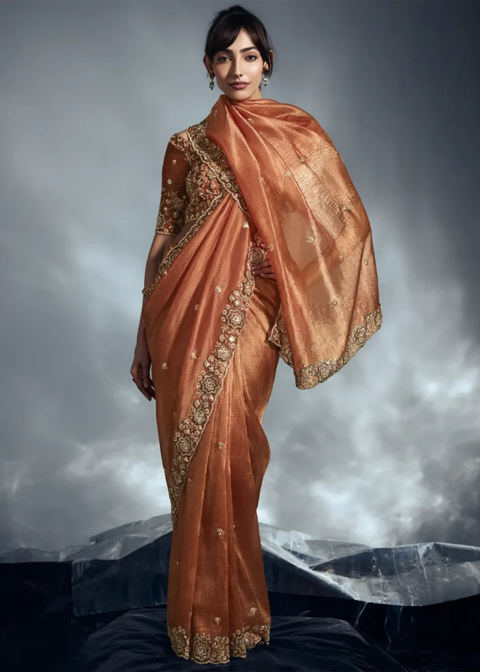 Rust Orange Embroidered Organza Saree for Wedding