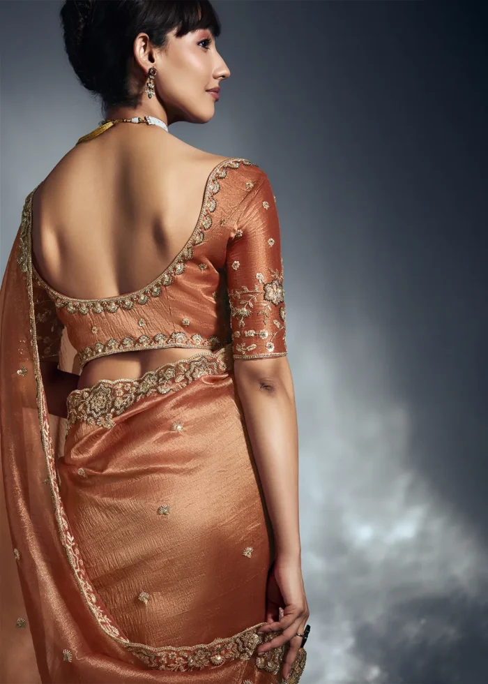 Rust Orange Embroidered Organza Saree for Wedding