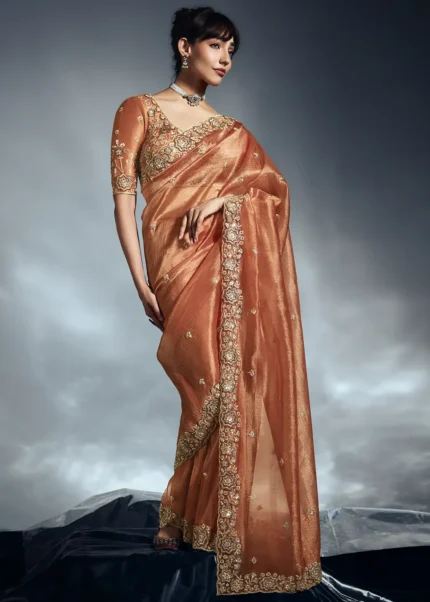 Rust Orange Embroidered Organza Saree for Wedding