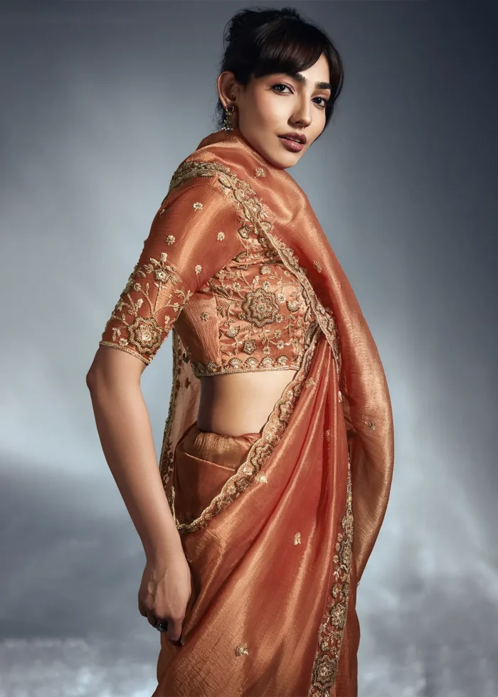 Rust Orange Embroidered Organza Saree for Wedding