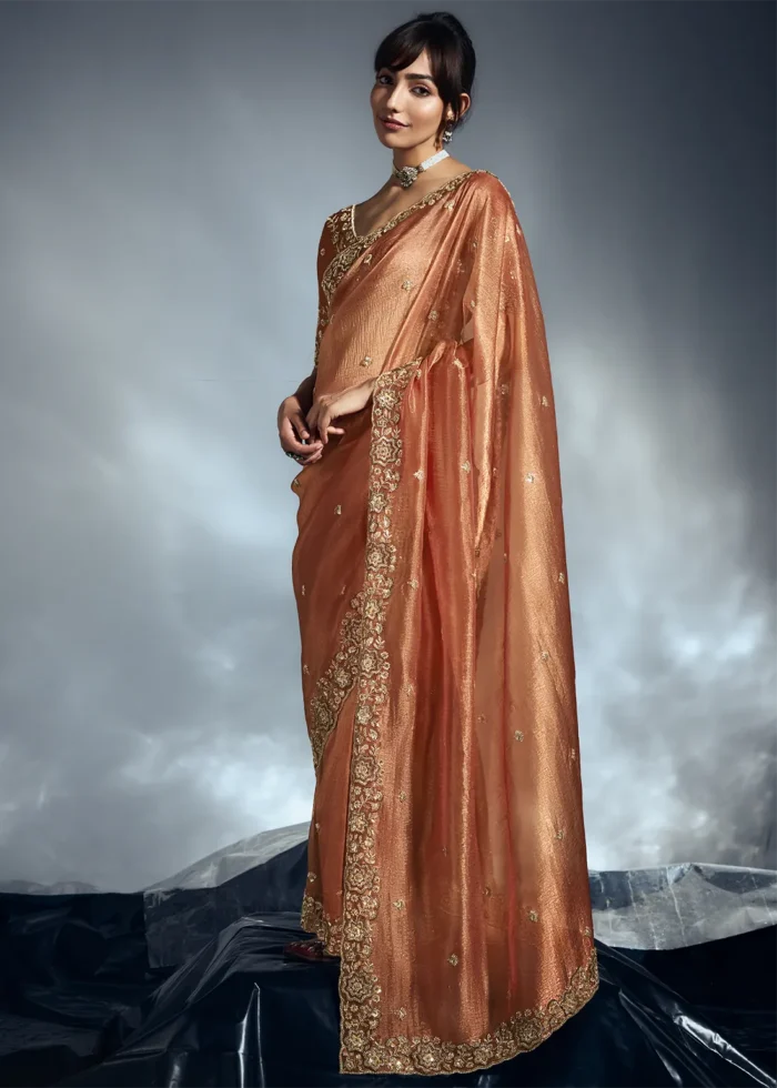 Rust Orange Embroidered Organza Saree for Wedding