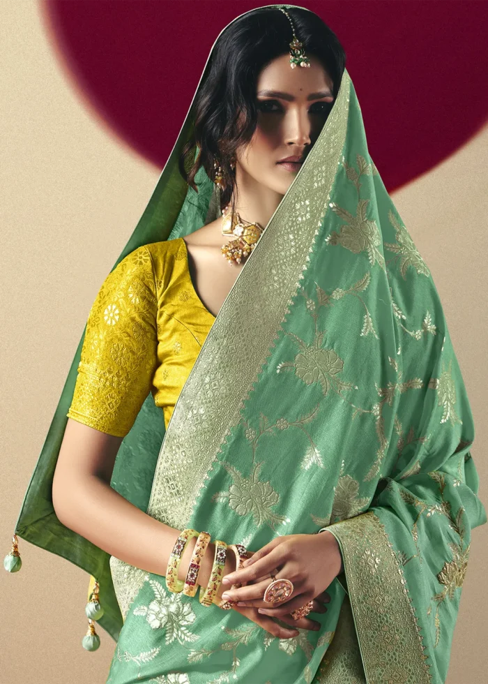 Sea Green Dola Silk Banarasi Saree with Yellow Blouse