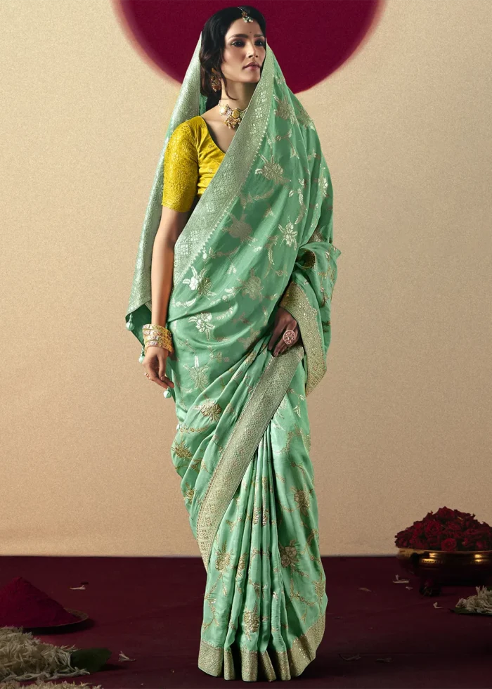 Sea Green Dola Silk Banarasi Saree with Yellow Blouse