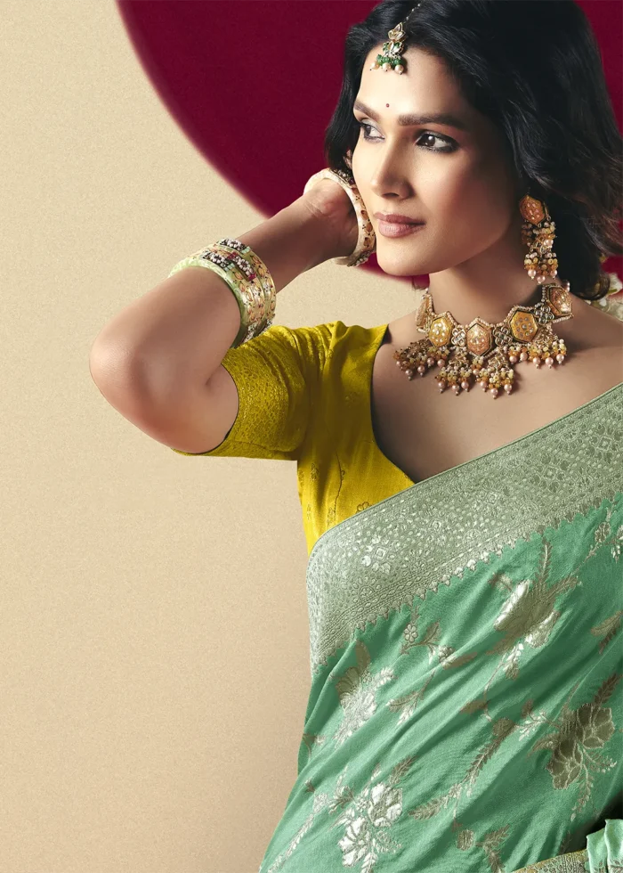 Sea Green Dola Silk Banarasi Saree with Yellow Blouse