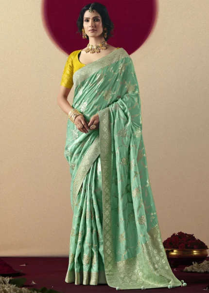 Sea Green Dola Silk Banarasi Saree with Yellow Blouse