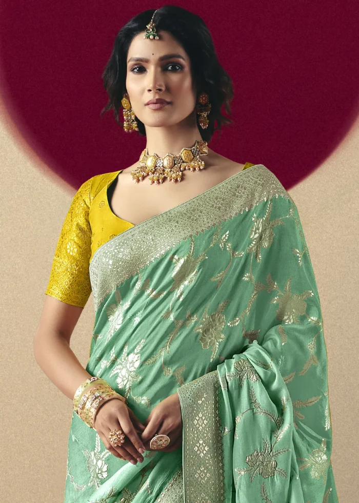 Sea Green Dola Silk Banarasi Saree with Yellow Blouse