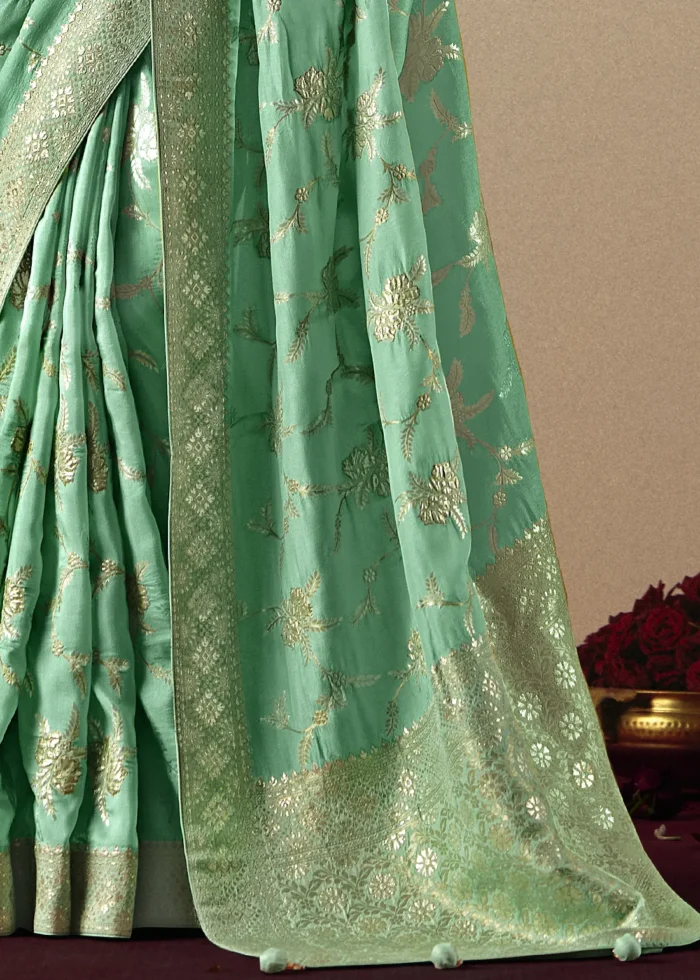 Sea Green Dola Silk Banarasi Saree with Yellow Blouse