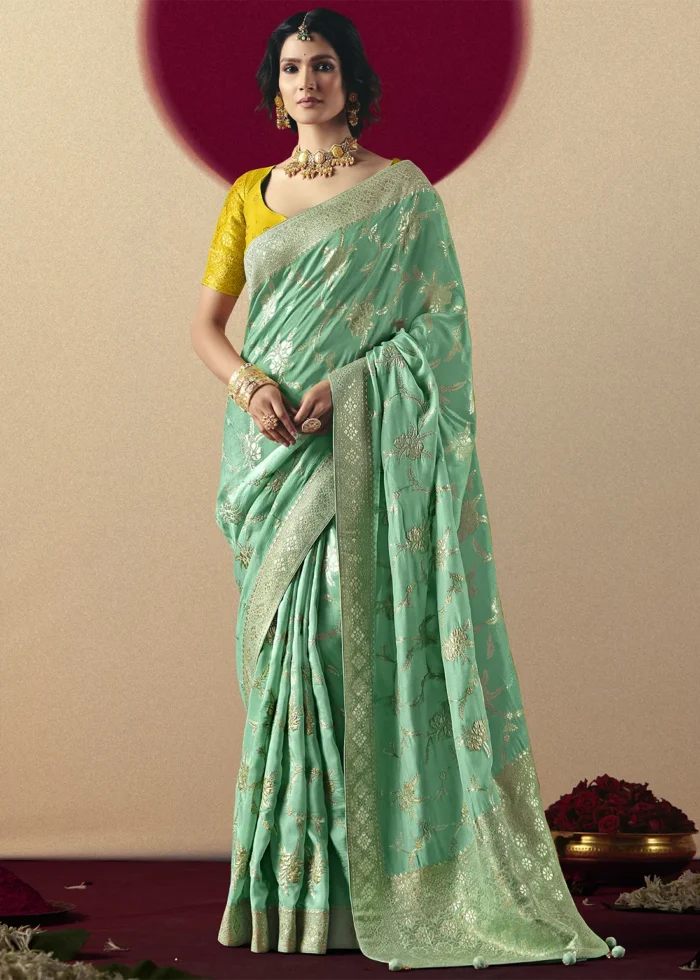 Sea Green Dola Silk Banarasi Saree with Yellow Blouse