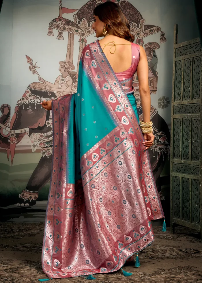 Teal Banarasi Silk Saree with Brick Red Blouse