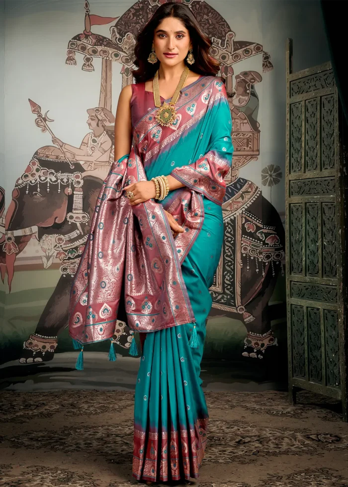 Teal Banarasi Silk Saree with Brick Red Blouse