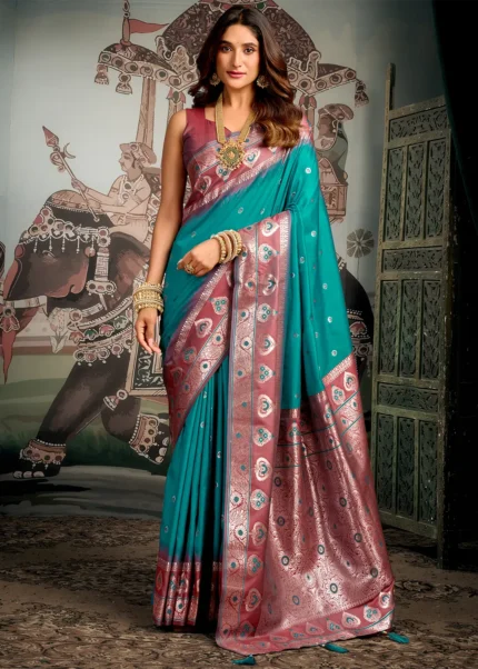 Teal Banarasi Silk Saree with Brick Red Blouse