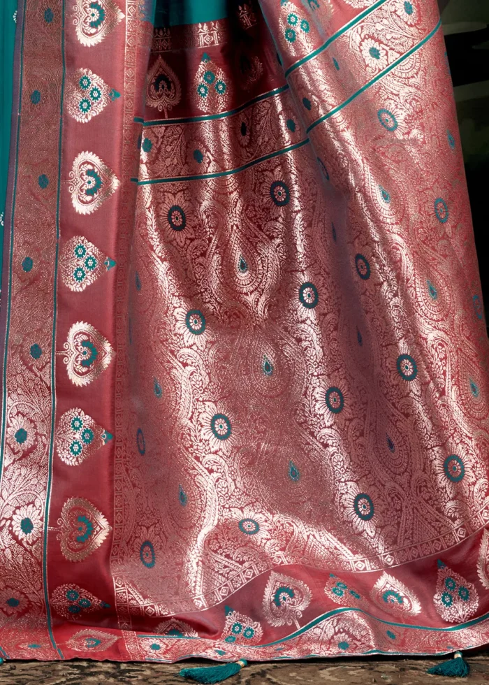 Teal Banarasi Silk Saree with Brick Red Blouse