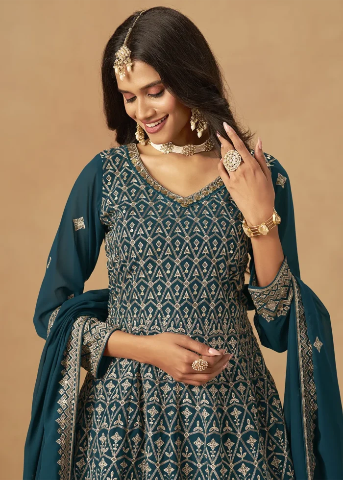 Teal Georgette Palazzo Suit with Embroidery
