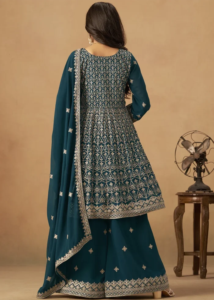Teal Georgette Palazzo Suit with Embroidery