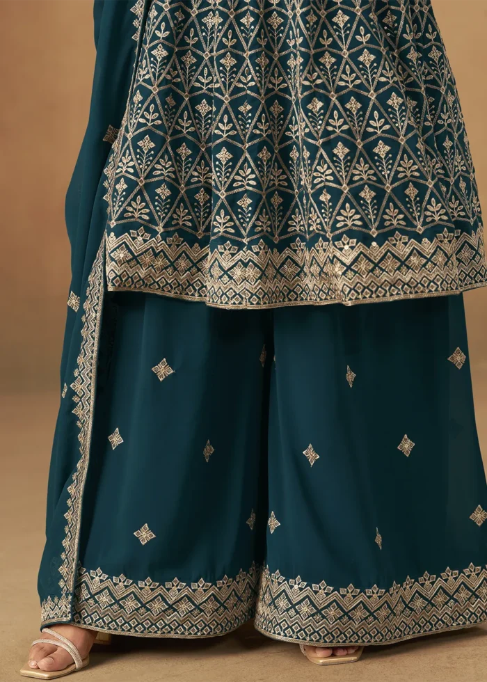 Teal Georgette Palazzo Suit with Embroidery