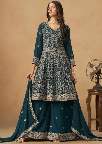 Teal Georgette Palazzo Suit with Embroidery