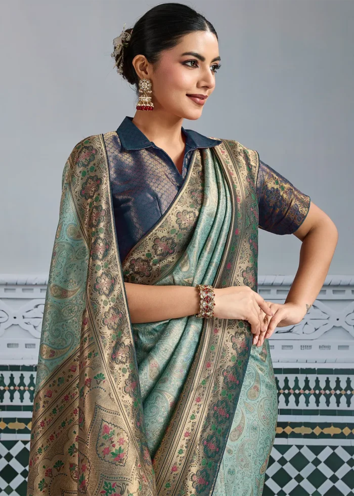 Turquoise Kanjivaram Silk Saree with Meenakari Work