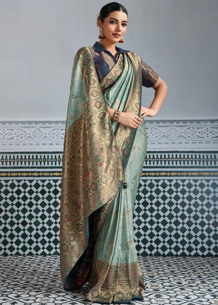 Turquoise Kanjivaram Silk Saree with Meenakari Work