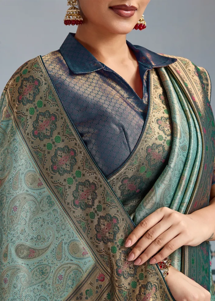 Turquoise Kanjivaram Silk Saree with Meenakari Work