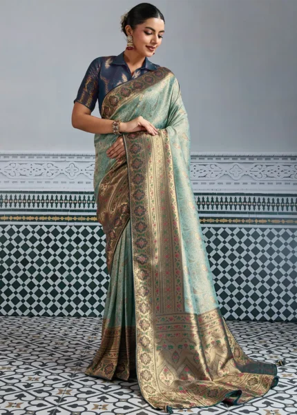 Turquoise Kanjivaram Silk Saree with Meenakari Work