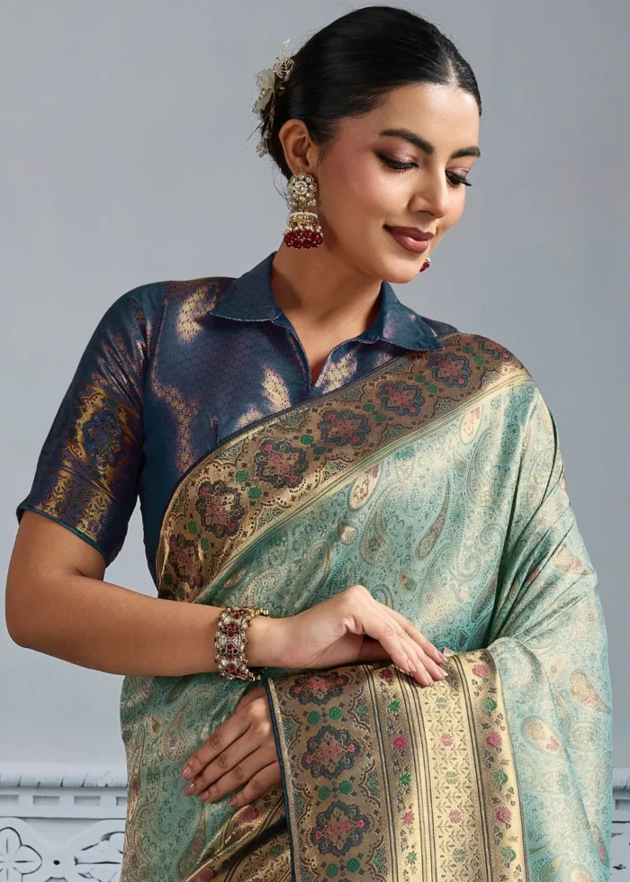 Turquoise Kanjivaram Silk Saree with Meenakari Work