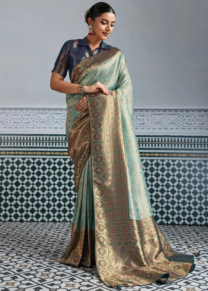 Turquoise Kanjivaram Silk Saree with Meenakari Work