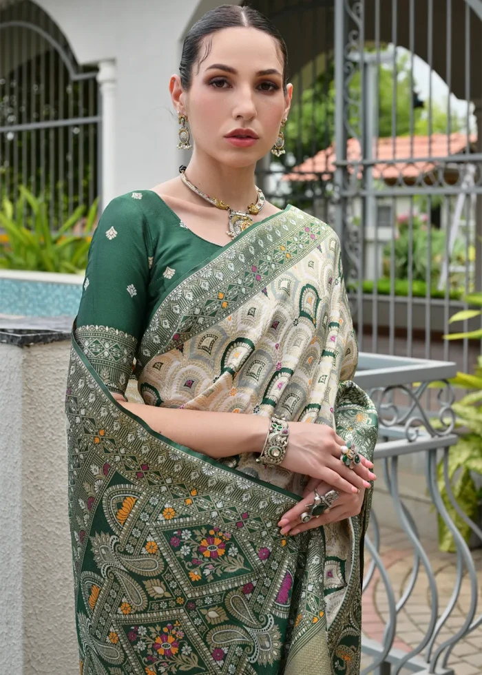 White and Bottle Green Patola Silk Saree with Traditional Motifs