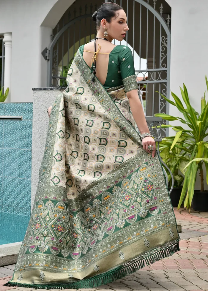 White and Bottle Green Patola Silk Saree with Traditional Motifs