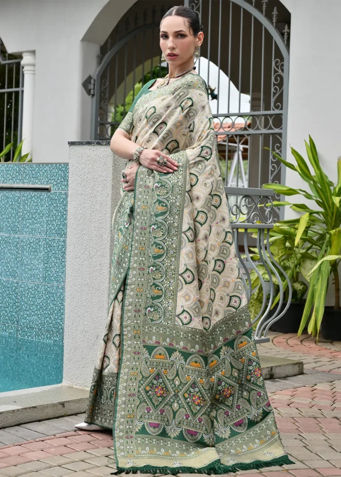 White and Bottle Green Patola Silk Saree with Traditional Motifs