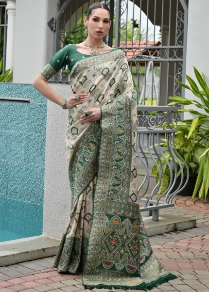White and Bottle Green Patola Silk Saree with Traditional Motifs