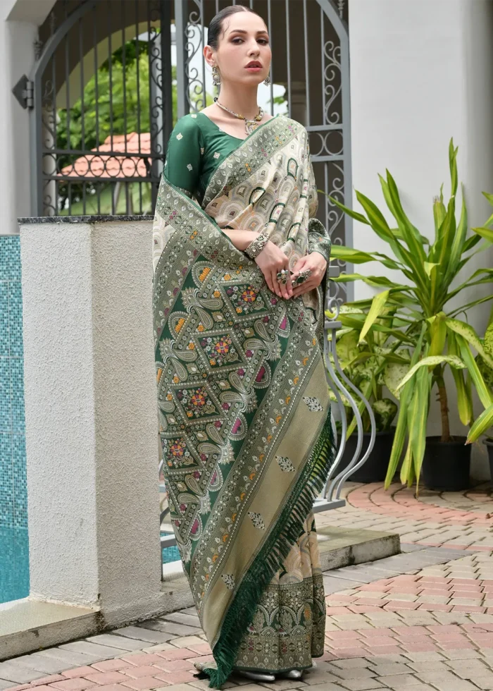 White and Bottle Green Patola Silk Saree with Traditional Motifs