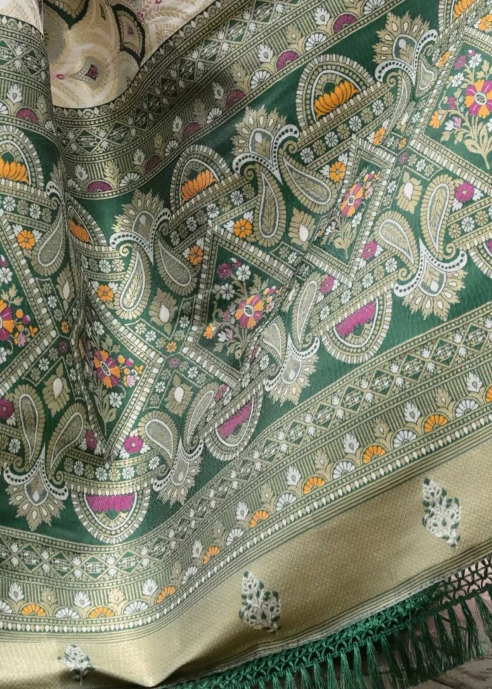 White and Bottle Green Patola Silk Saree with Traditional Motifs
