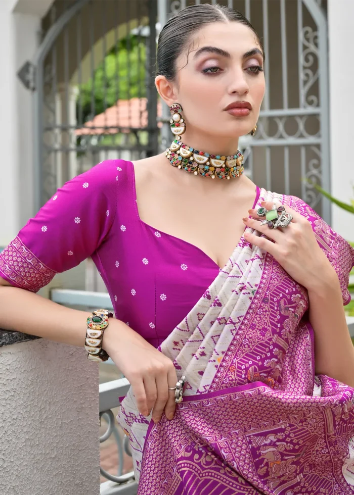 White and Magenta Patola Silk Saree with Royal Elephant Pallu