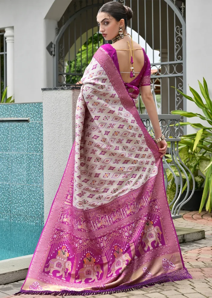 White and Magenta Patola Silk Saree with Royal Elephant Pallu