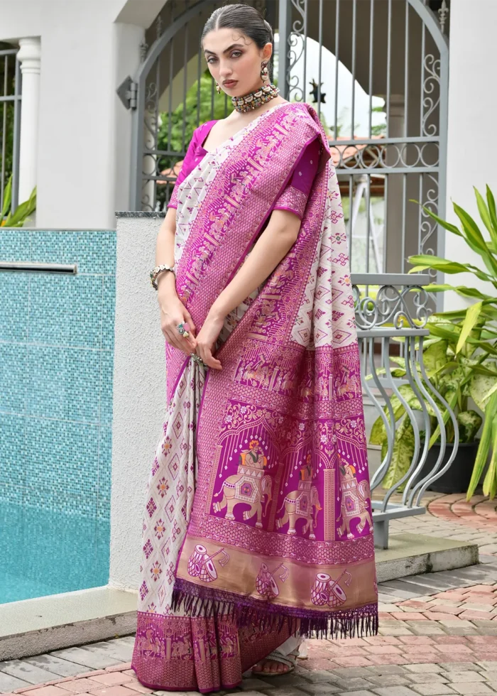 White and Magenta Patola Silk Saree with Royal Elephant Pallu