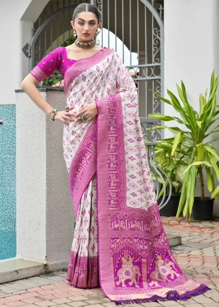 White and Magenta Patola Silk Saree with Royal Elephant Pallu