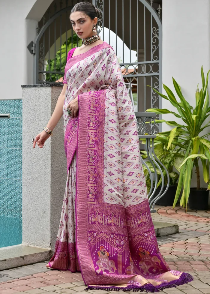 White and Magenta Patola Silk Saree with Royal Elephant Pallu