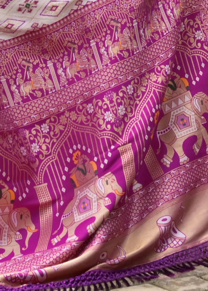 White and Magenta Patola Silk Saree with Royal Elephant Pallu