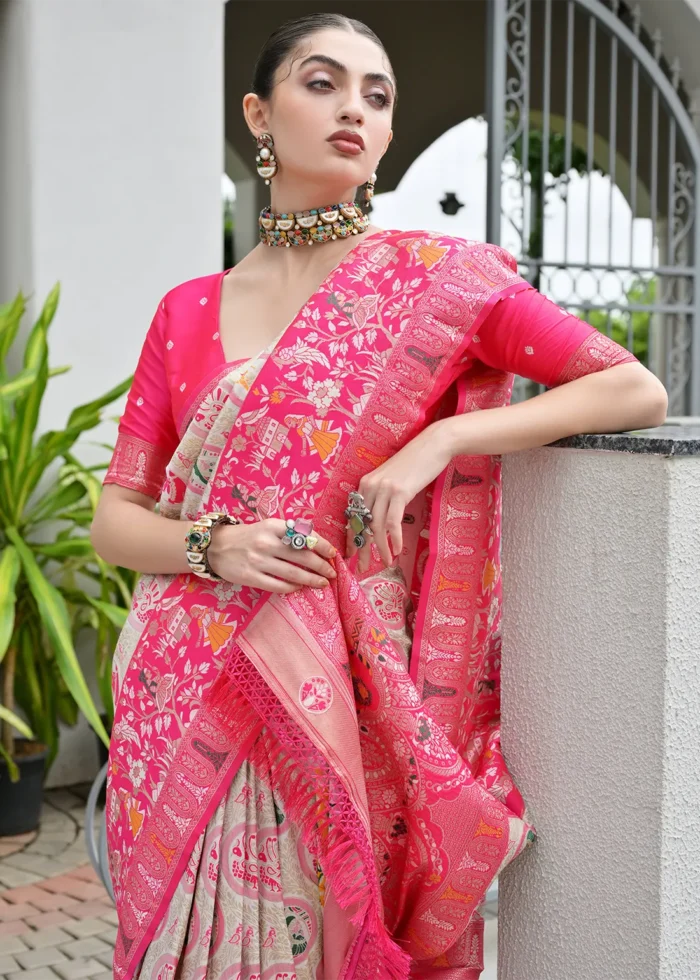 White and Pink Patola Silk Saree with Rustic Motifs