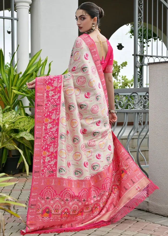 White and Pink Patola Silk Saree with Rustic Motifs