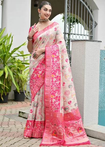 White and Pink Patola Silk Saree with Rustic Motifs