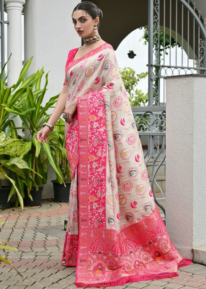 White and Pink Patola Silk Saree with Rustic Motifs