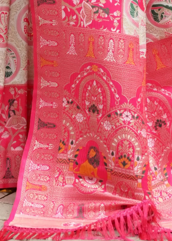 White and Pink Patola Silk Saree with Rustic Motifs