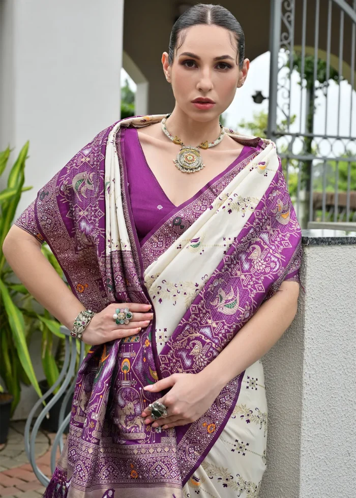 White and Purple Patola Silk Saree