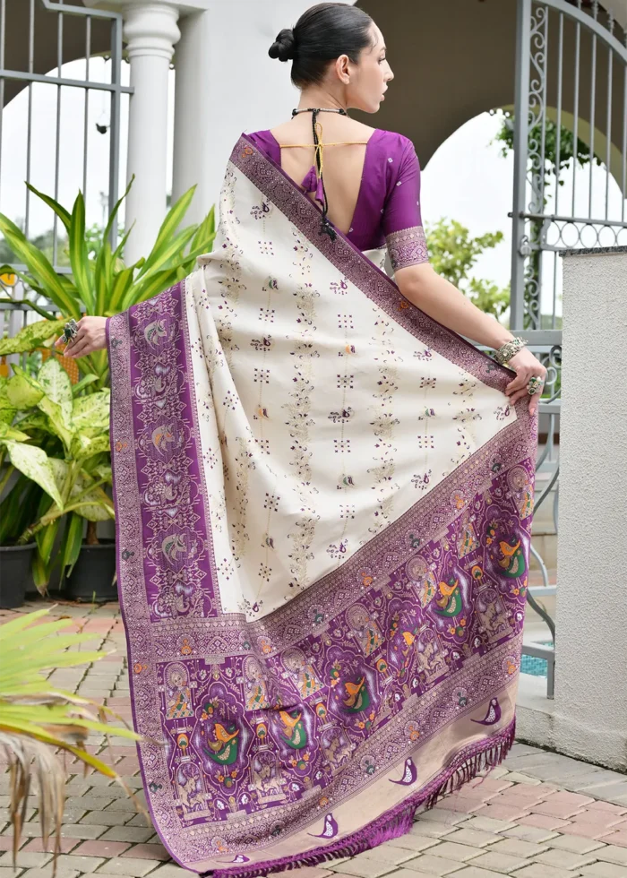 White and Purple Patola Silk Saree