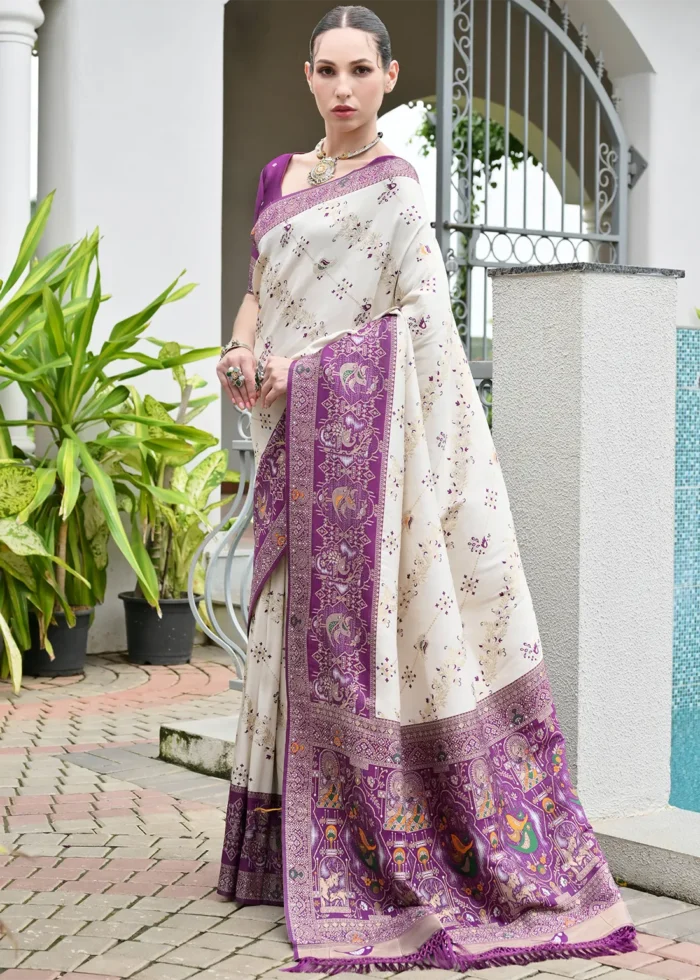 White and Purple Patola Silk Saree