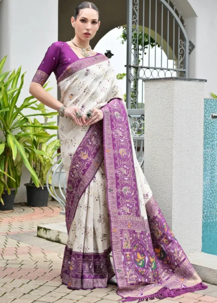 White and Purple Patola Silk Saree
