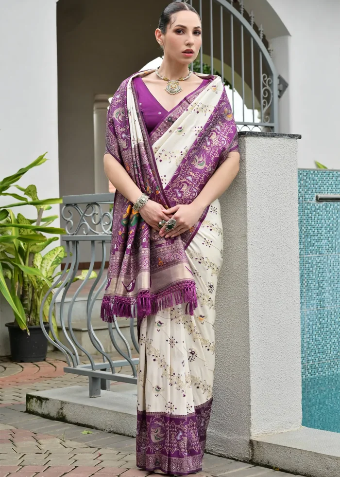 White and Purple Patola Silk Saree
