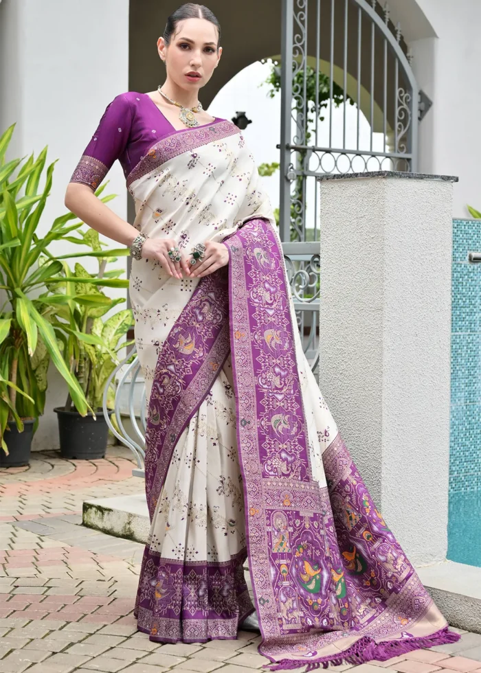 White and Purple Patola Silk Saree
