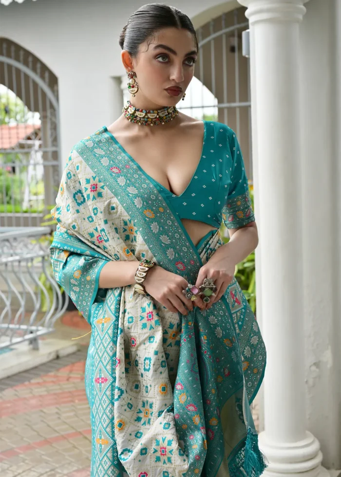 White and Turquoise Patola Silk Saree